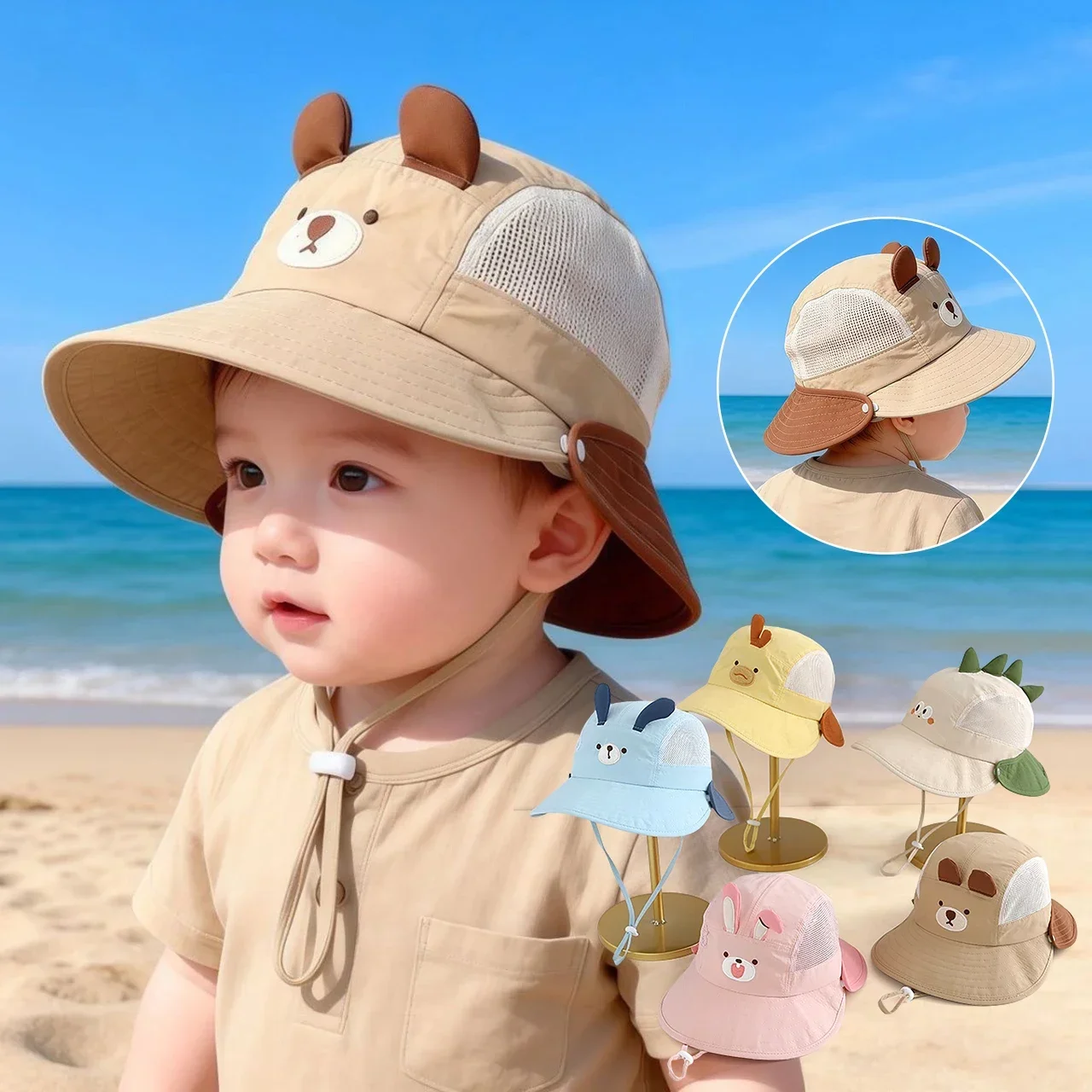 Sun Hat Wide Brim - Baby Cartoon Beer Konijnenoren Zonnehoed Ademend