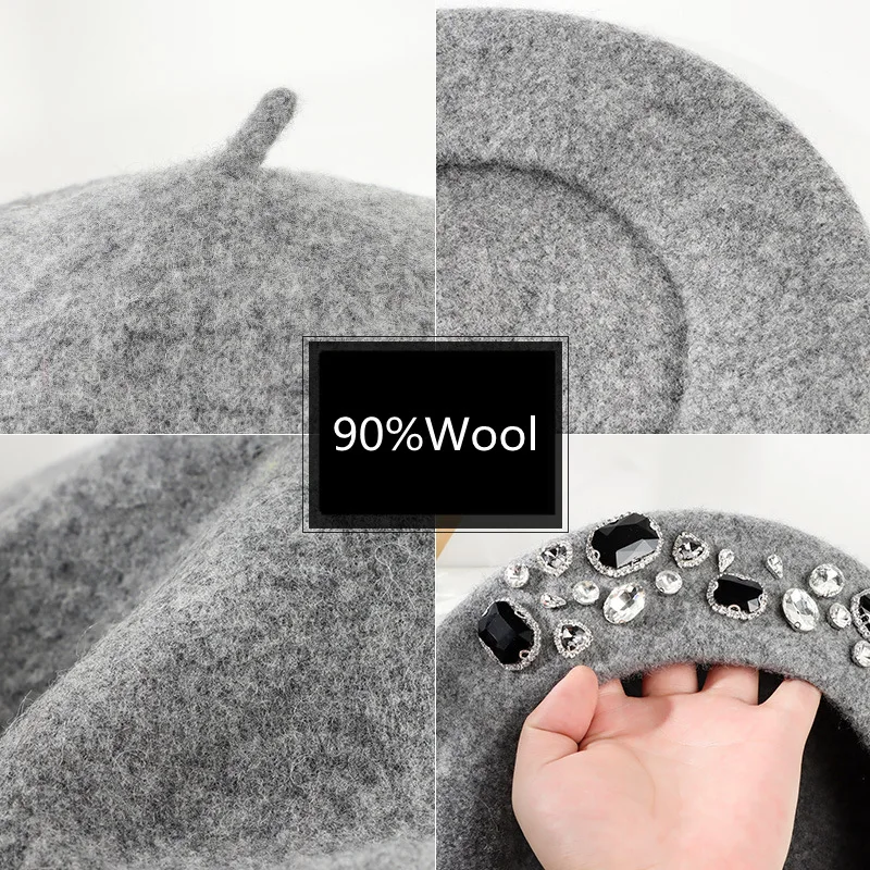 Beret French Wool - Franse baret dik strass decor randloos